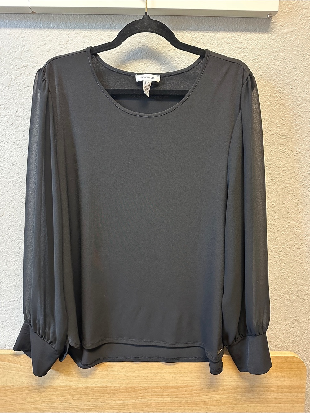 Calvin Klein Black Sheer-Sleeve Round Neck Blouse